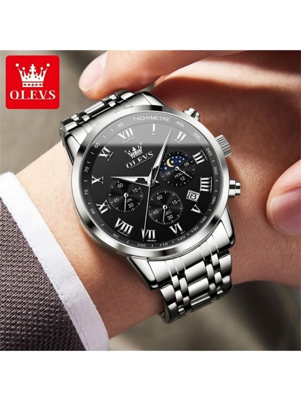 Olevs Men's Silver Black Multifunction Waterproof Luminous Chronograph Watch - Picture 3 of 6